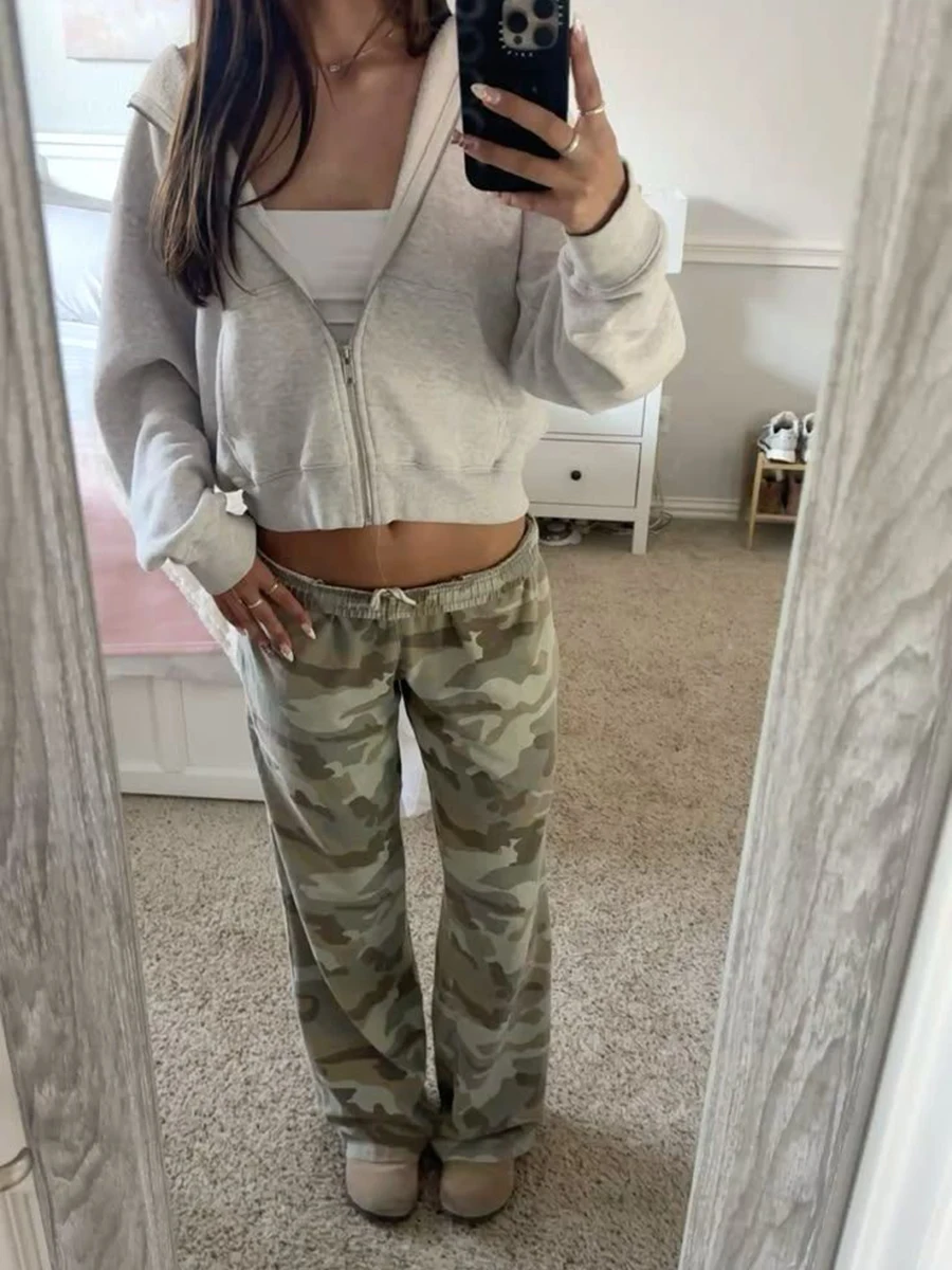Camouflage Jogginghose mit Kordelzug für Damen, Sommer, elastische Taille, gerade Hose, amerikanische Vintage Streetwear, Baumwolle, Baggy Pants, Y2k – Detail 8