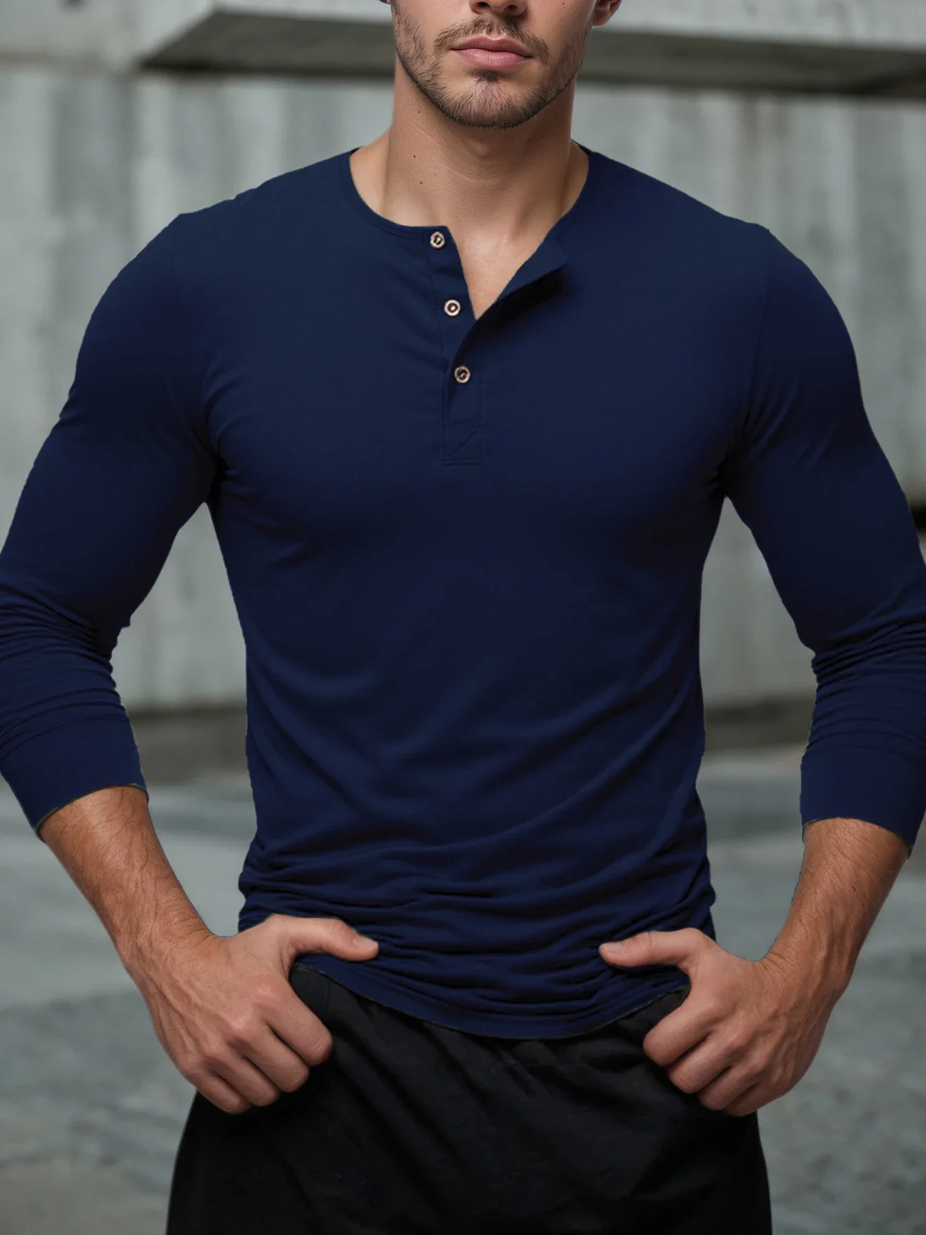 Men's Long Sleeve Henry T shirt Casual Simple Solid Color Print Button Top Fashion Henry Collar Loose Shirts Autumn Men Clothing