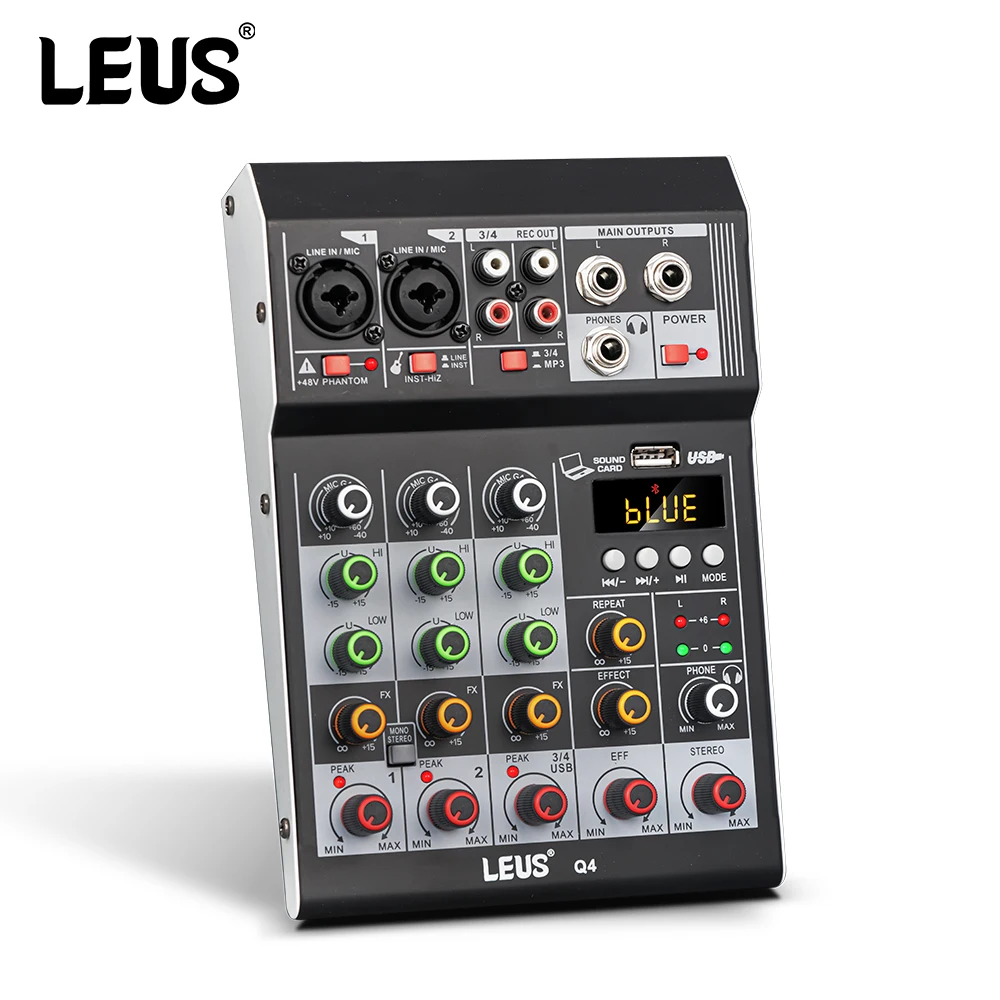 

LEUS Q4 Mixing Console Audio Interface Bluetooth USB Record PC 48V Phantom Power Delay Repaeat Effect 4 Channels DJ Sound Mixer