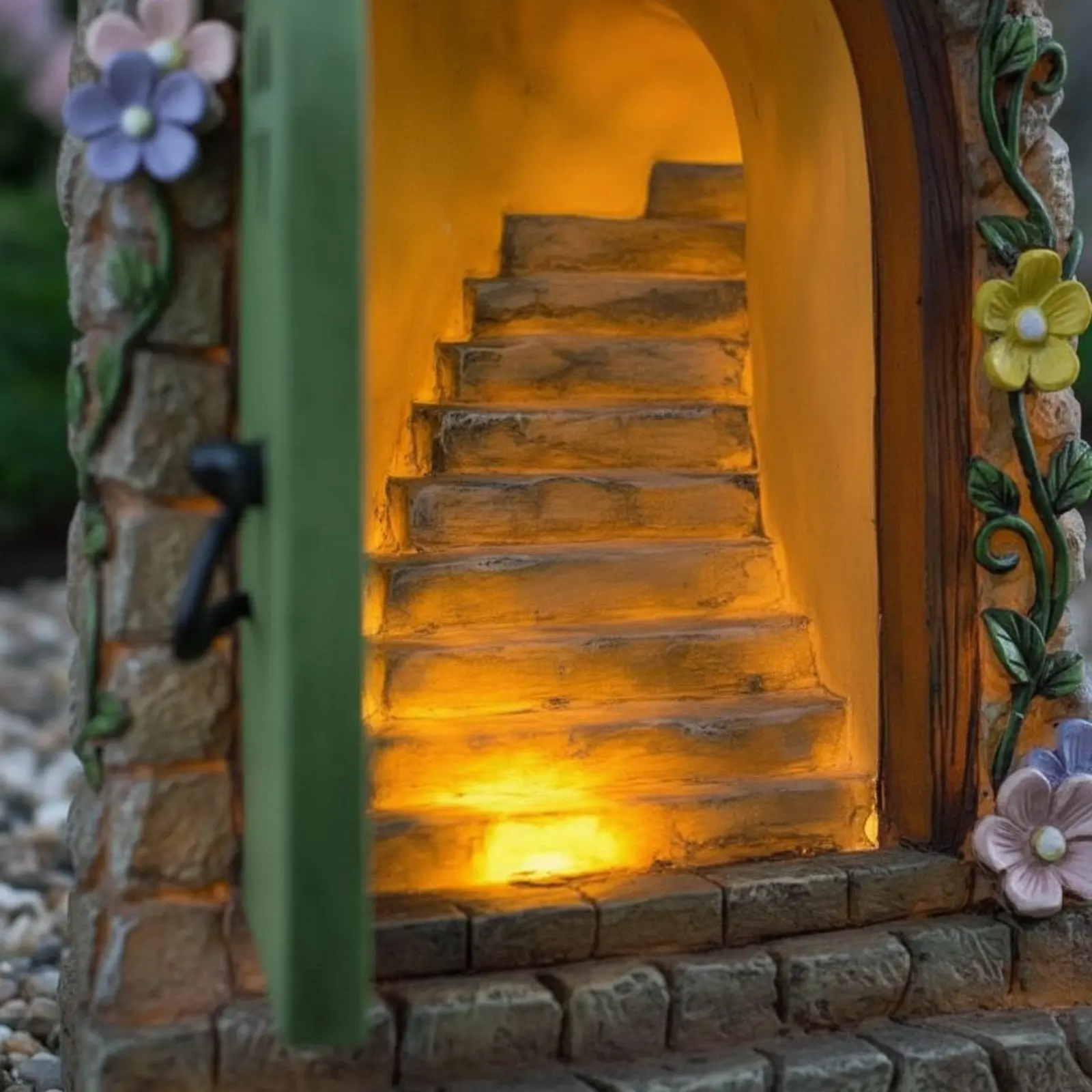 Solar Fairy Door Fanciful Enchantment Lighted Fairy Staircase Miniature Garden Door Statue Hand-Painted Features Illuminate At