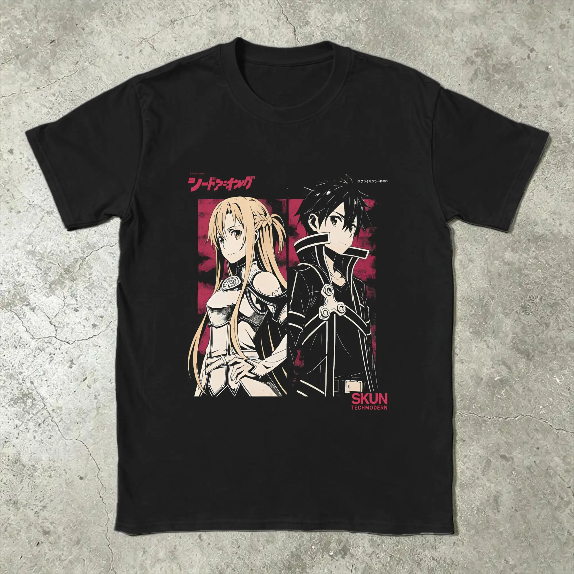Vintage Anime kirito and asuna T-Shirt Men Round Collar 100% Cotton T Shirts  Short Sleeve Tees Original Clothing