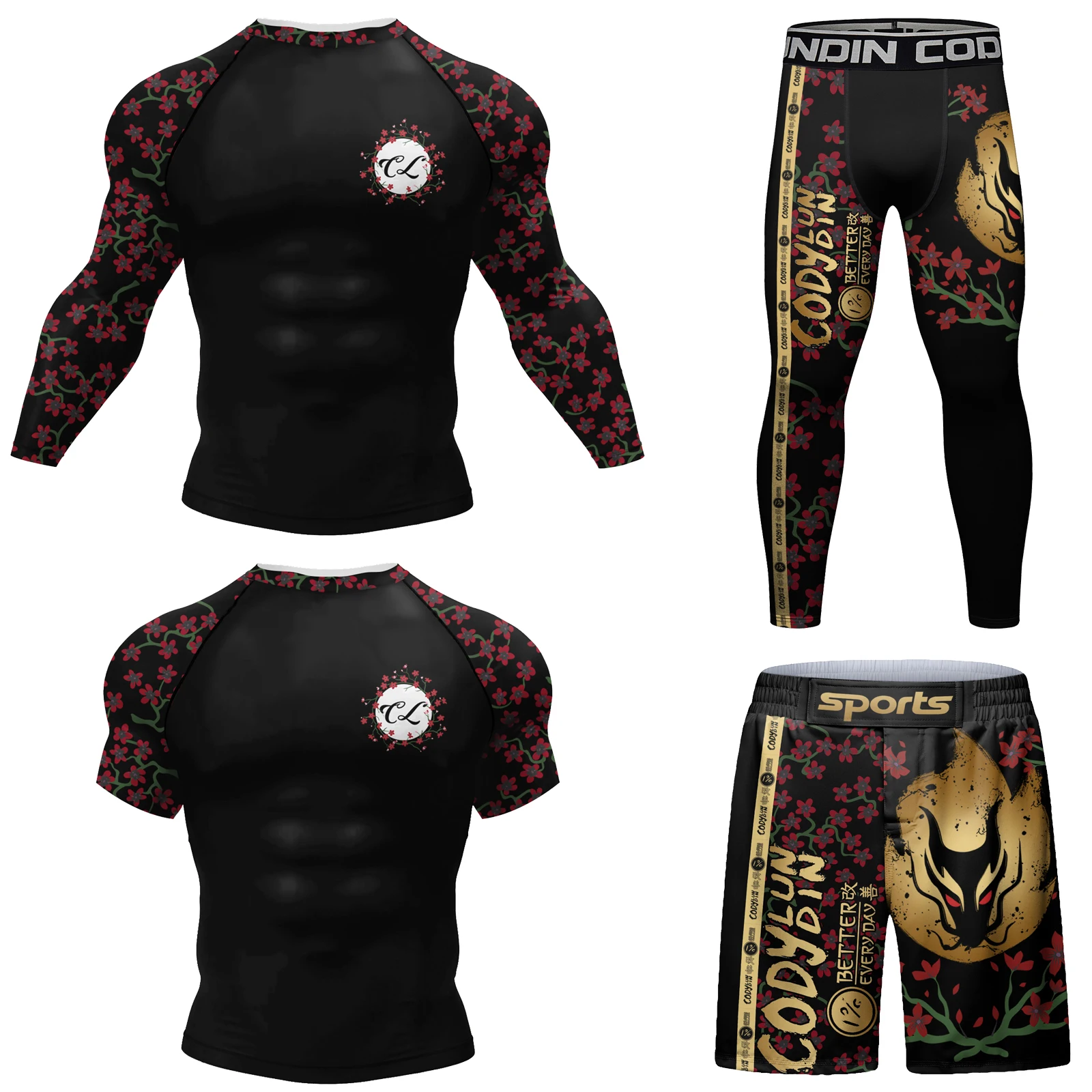 Cody Lundin Men Sports Training Kits Jiu jitsu gi Rashguard Uv Sun Protection Shirts Flower Print Swimming Surf Clothes For Men