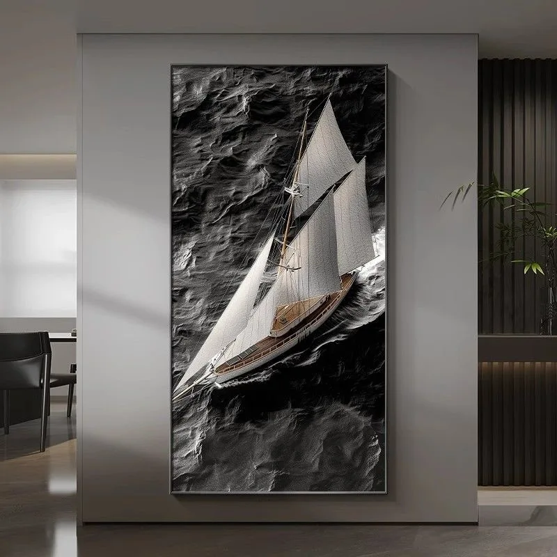 

Modern Abstract Black And White Sailboat LED Mural Entrance Corridor Living Room Decoration Sailboat Painting Wall Lamp