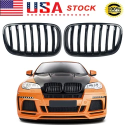 Pair Front Hood Kidney Grille Grill For BMW X5 X6 E70 E71 2007-2013 Glossy Black
