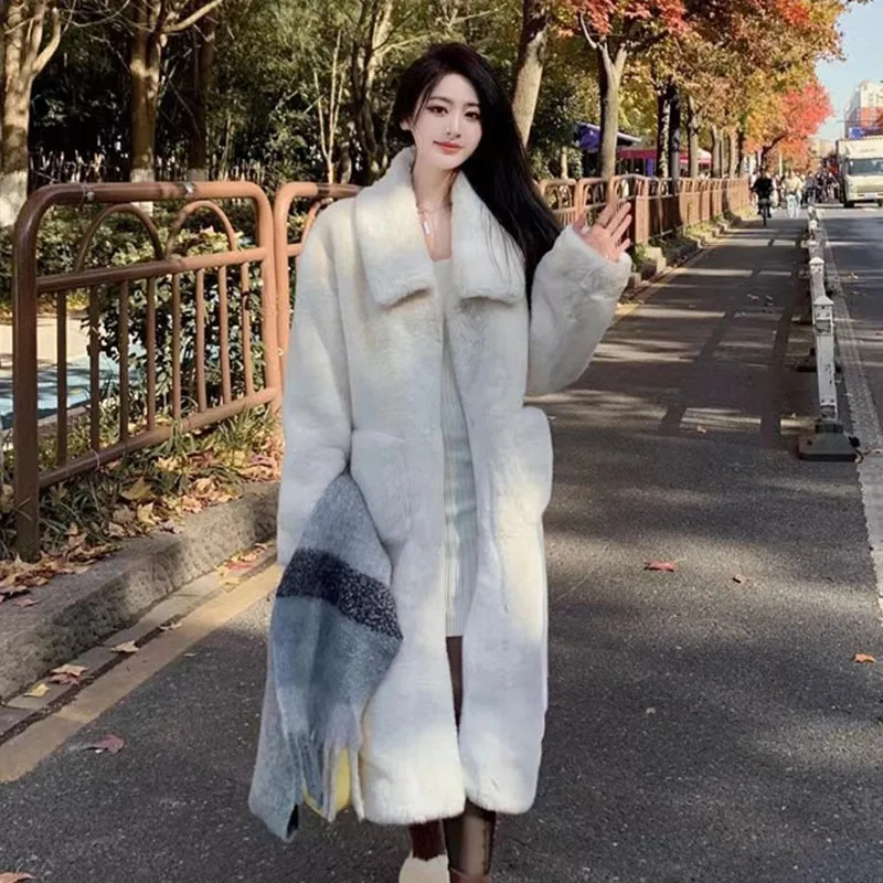 Winter Women Faux Fur Warm Coat Female Solid Color Elegant All Match Long Outerwear Fashion Korean Lapel Pocket Casual Jacket