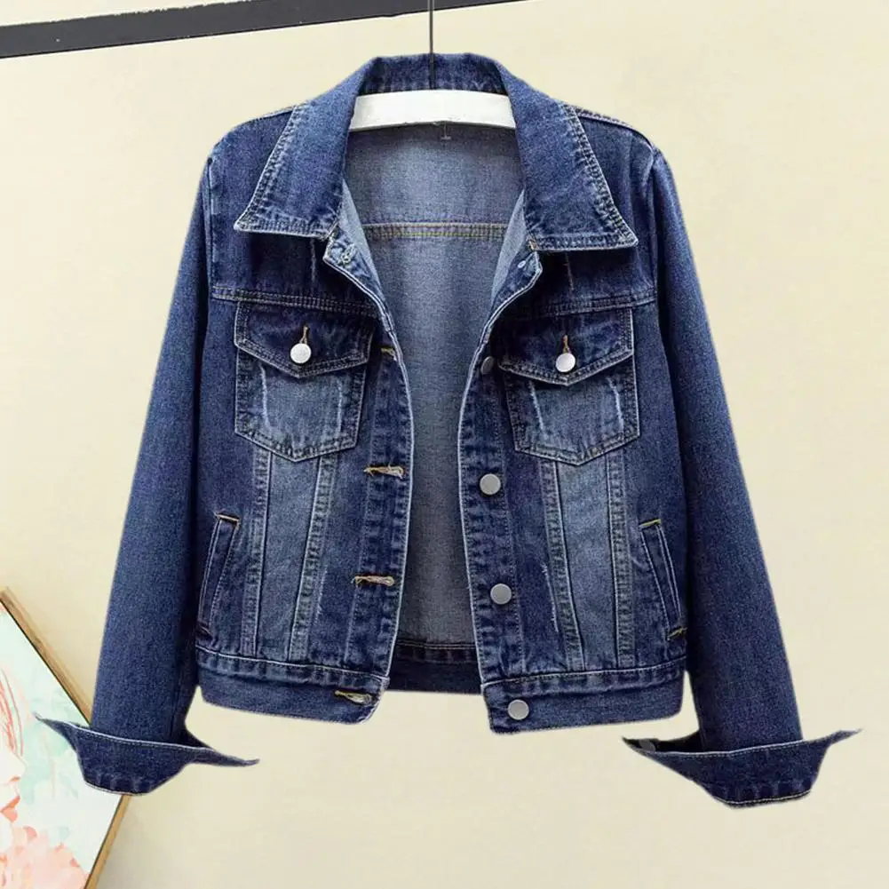 2024 New Women Jacket Turn-down Collar Long Sleeve Single-breasted Spring Autumn Denim Jacket Tops Color Solid Short Jean Jacket