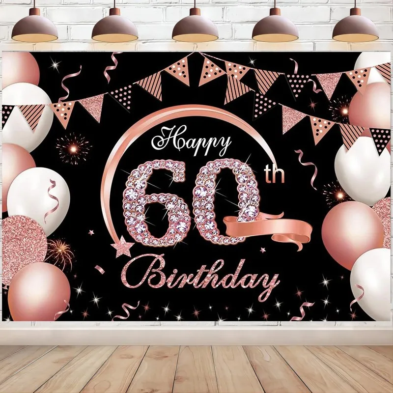 Happy 60th Birthday Banner Backdrop Rose Gold Photography Background Decoration for Women Party Supplies Sixty Year Old Poster