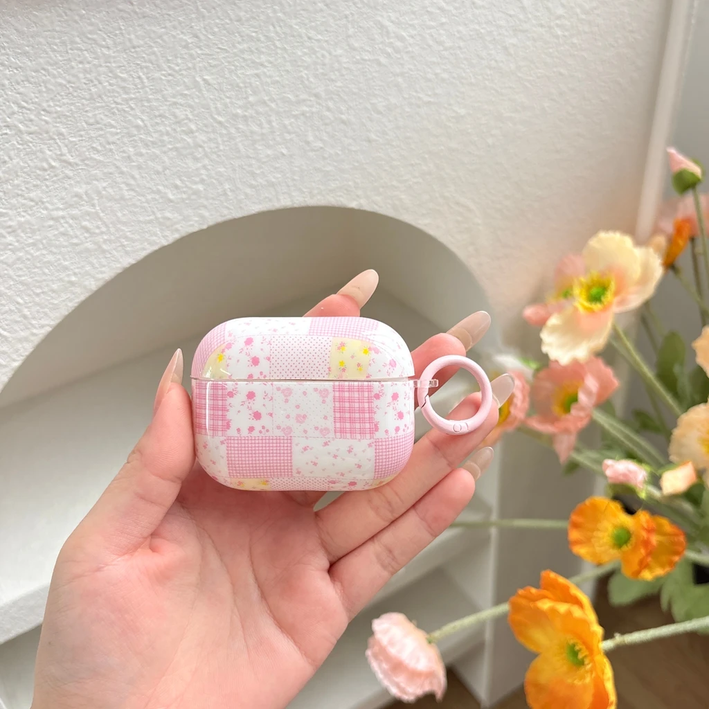 Sweet Pink Small Flower Grid Pattern Splicing With Hook Earphone Case Cover for AirPods 1 or 2 3 4 5 Pro 2 Pro 3