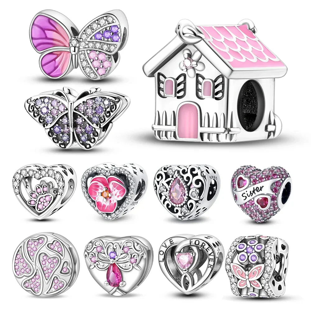 

Sterling Silver 925 Encircled Pink Murano Glass Charm Beads Fit Brand Bracelet DIY Women Jewelry Gift