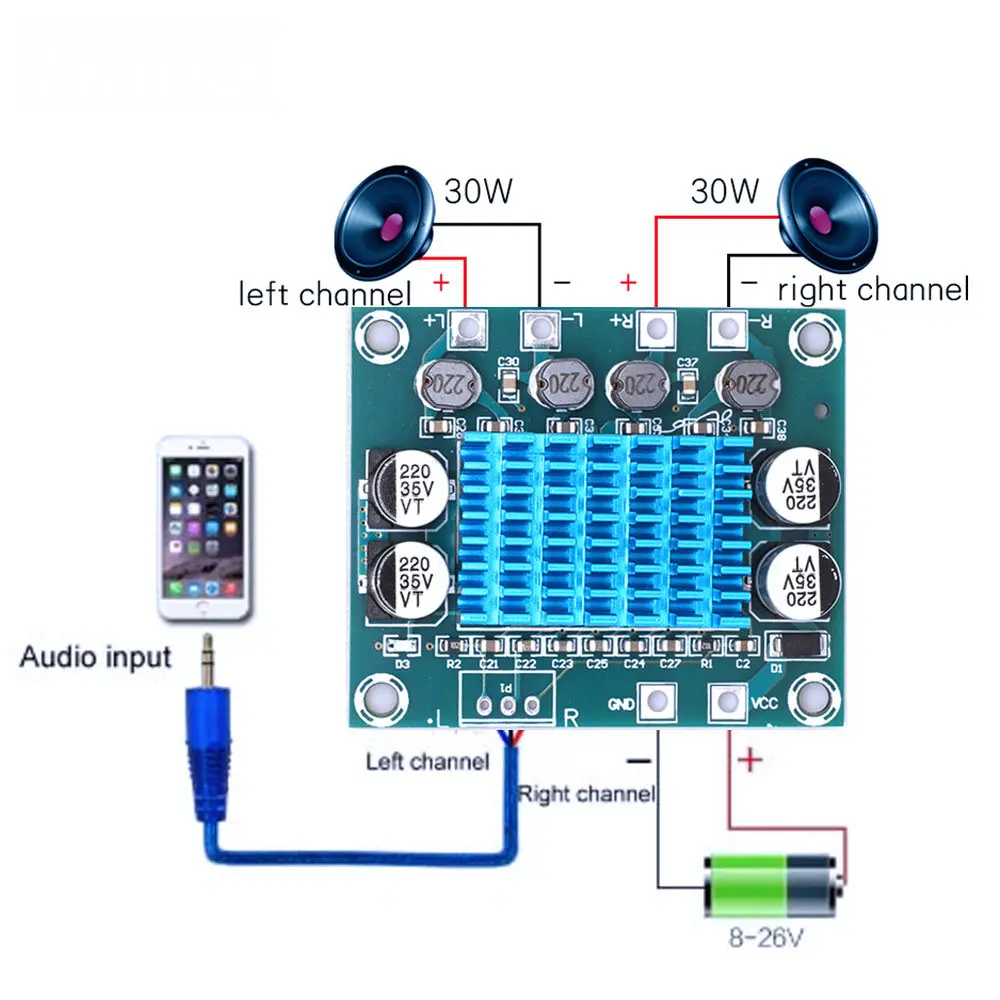 TPA3110 XH-A232 30W+30W 2.0 Channel Digital Stereo Audio Power Amplifier Board DC 8-26V 3A  for Arduino