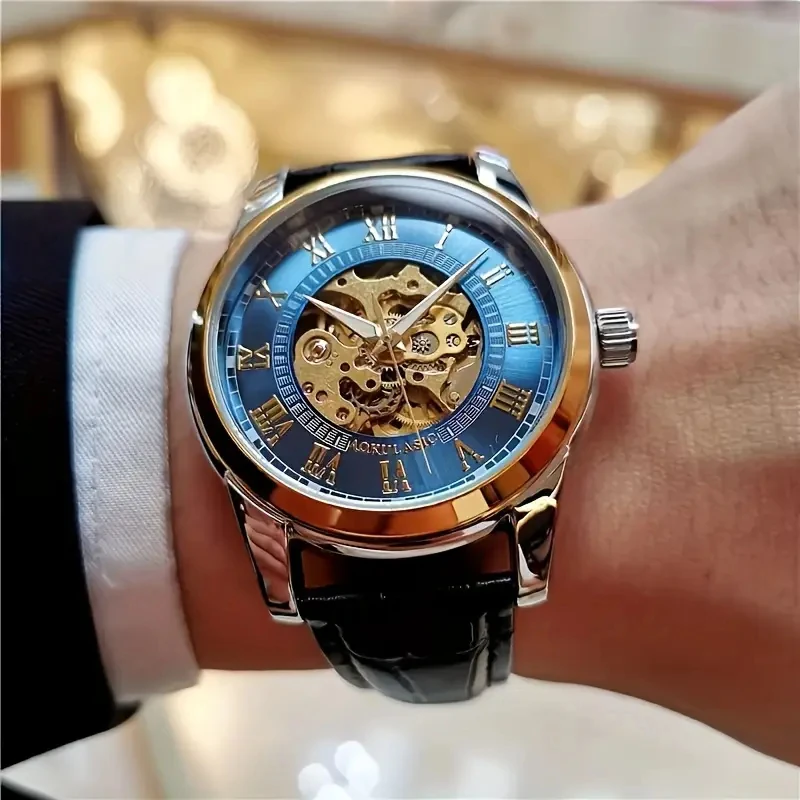 Elegante reloj mecánico automático para hombre con esqueleto - Correa de cuero, esfera con números romanos, movimiento automático, ideal para ropa de negocios y casual, hombres jóvenes, reloj informal de negocios para hombres |   Diseño hueco del reloj esqueleto |   Relojes duraderos, accesorios para relojes, sin baterías
