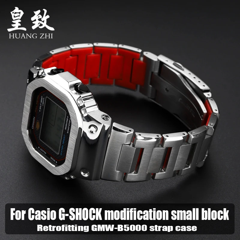 

For Casio GMW-B5000 Small Silver Block Watchband 3459 Stainless Steel Watch Strap Red bottom Modified Case Accessories Bracelet