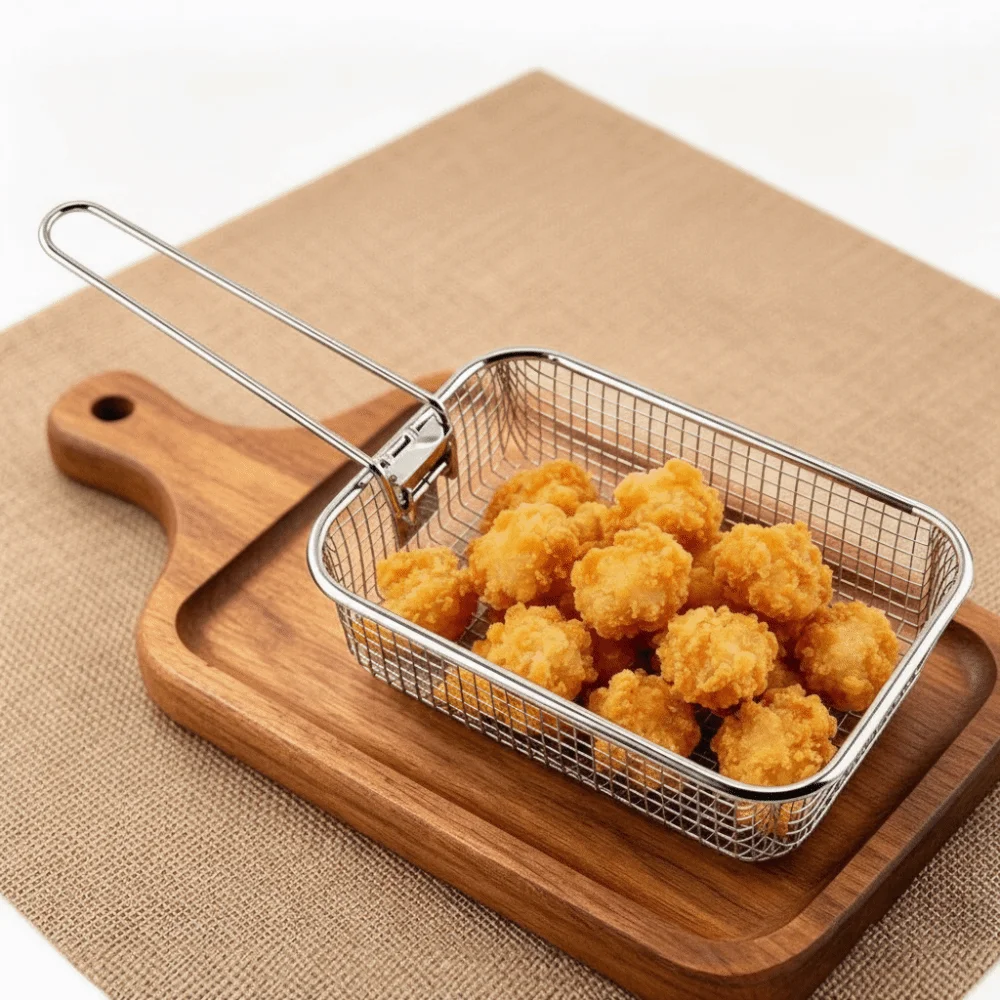 Durable Stackable Air Fryer Rack Non-Stick Long Handle Airfryer Tray Draining Foldable Handle Wire Mesh Basket Kitchen Gadgets