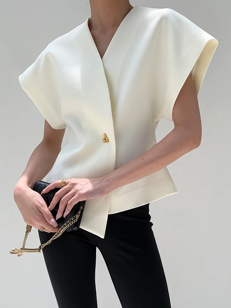 Elegant Asymmetric Shoulder Drop Sleeve Vest Design Sense One Button Waist Slimming Shirt Top Polyester Commute Style V Neck