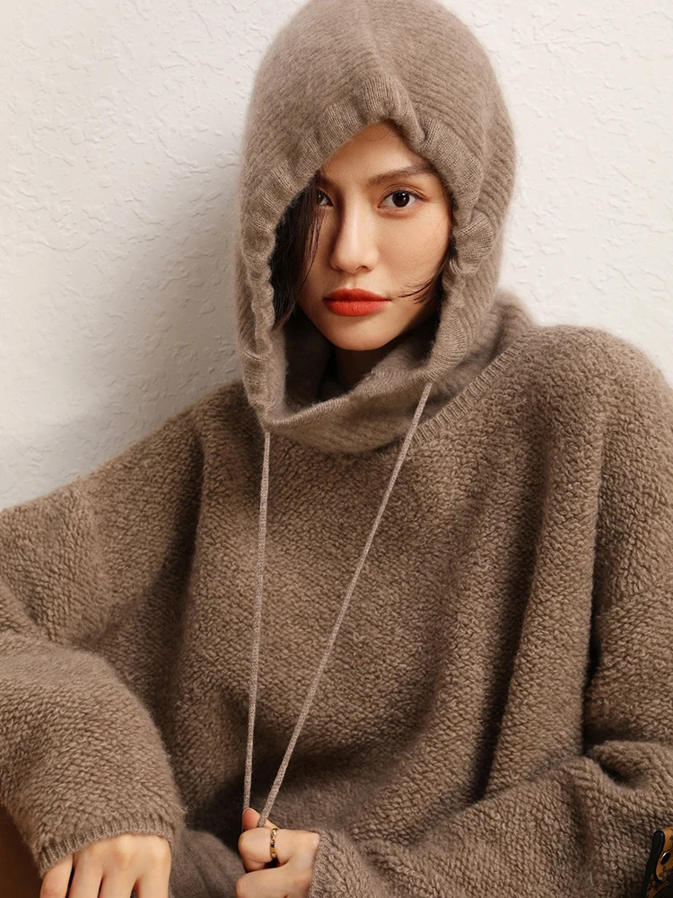 シックな女性 100% カシミヤフード付きスカーフニット帽子暖かいプルオーバーフード付きスカーフ秋冬カジュアルシンプルなスタイルカシミヤトップス