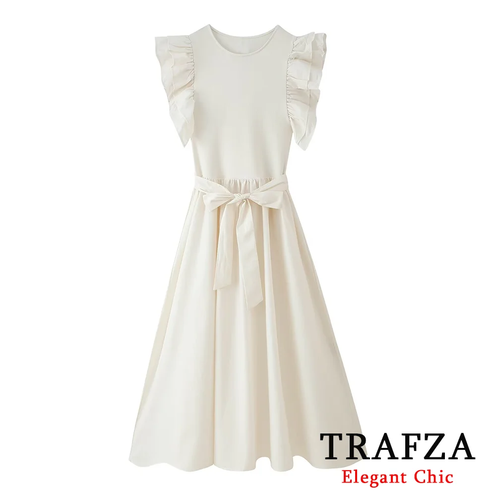 

TRAFZA-Women Elegant Dress Belted Layered Splicing Butterfly Sleeve Midi Dress New 2025 Spring Summer Fashion Party Beach Dress