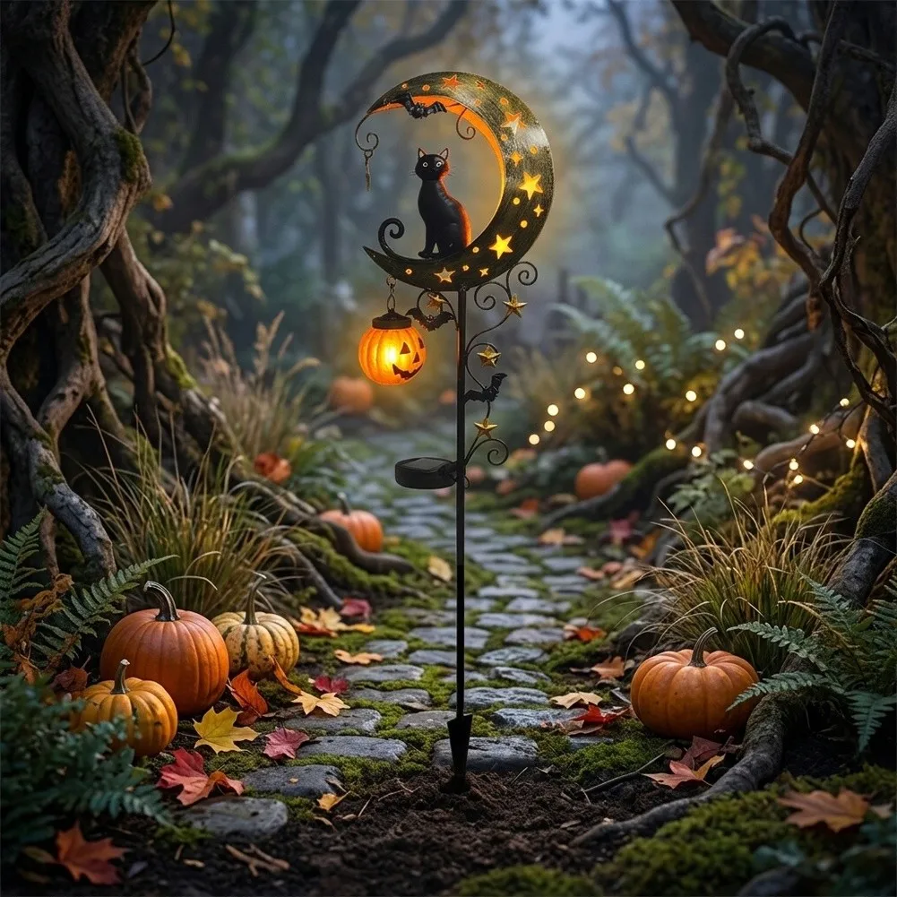 for Solar Powered Halloween for Garden Stake Light Featuring for Black Cat Pumpkin Moon Design for Pathway Lawn Decoration 80cm