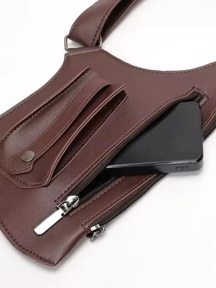 Retro Doppelschulterriemen Taktische Tasche Multi-Taschen Diebstahlsicher Wasserdicht PU Outdoor Reise Wandern Brusttasche für Männer Täglicher Gebrauch – Detail 5