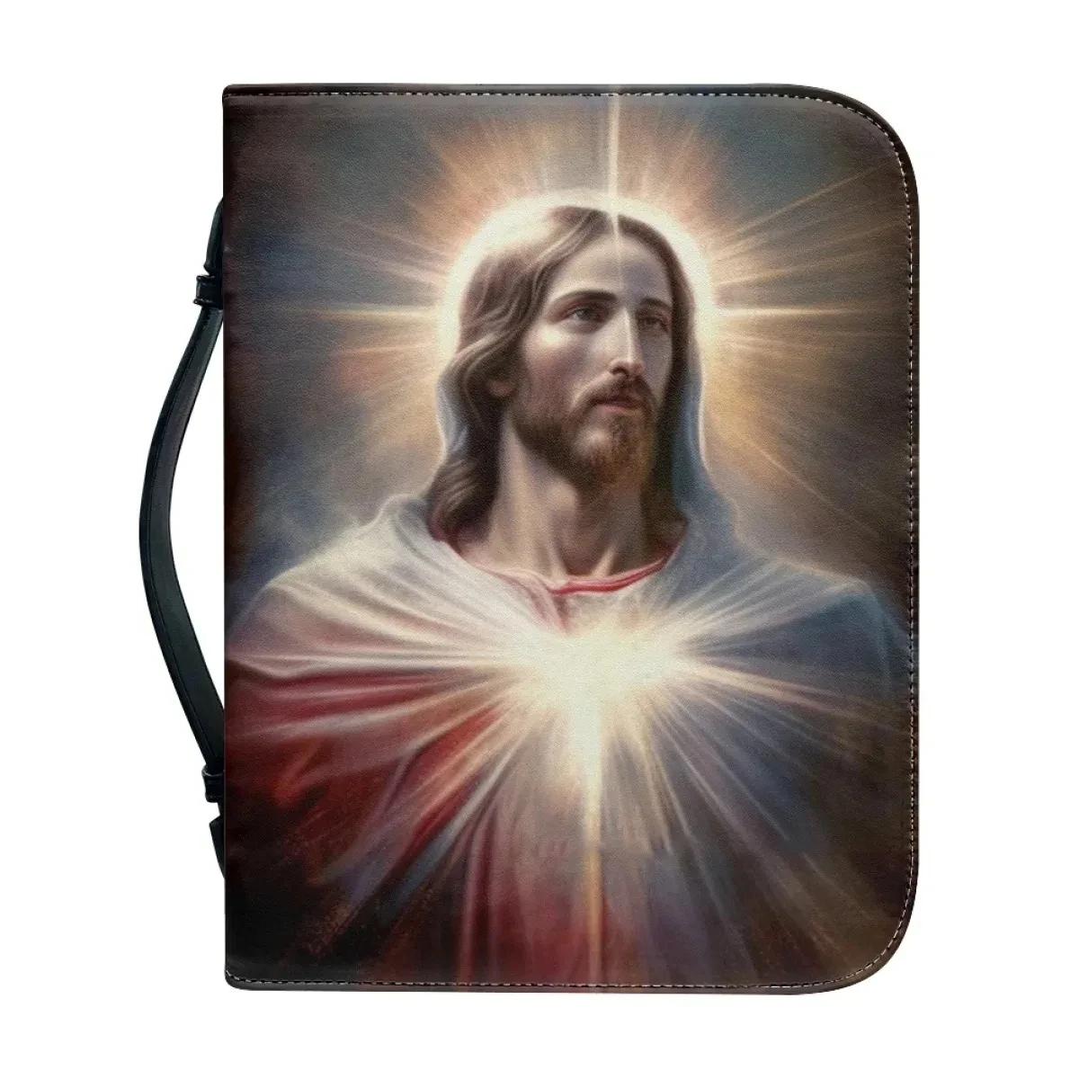 Jesus Pattern Print Bible Cover Case Leather Bible Bag for Women Zipper Handle Handbags Christian Practical Bible Storage Bags