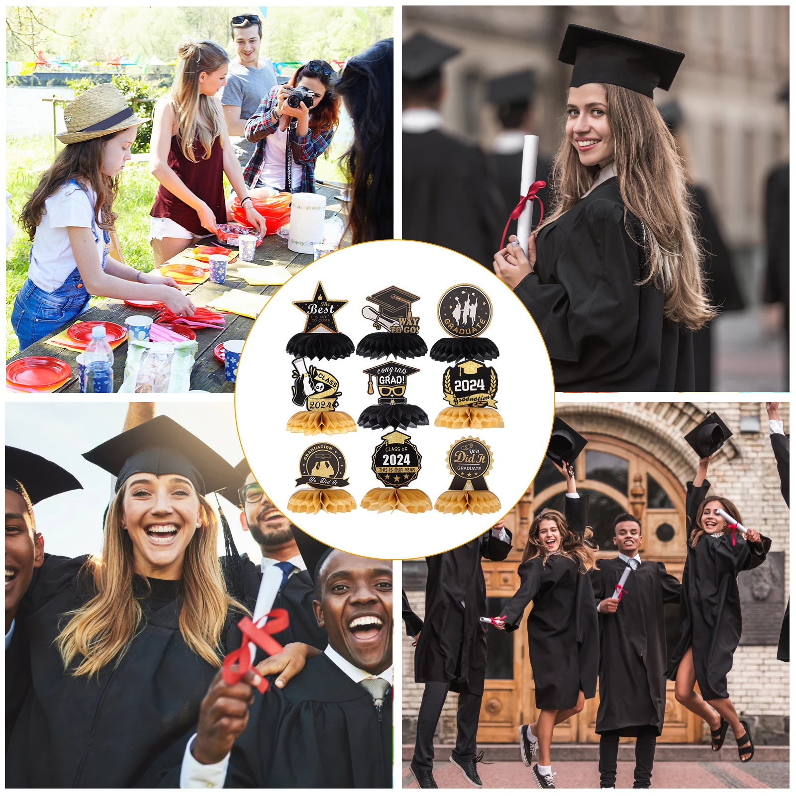 

9 Pcs Golden Graduation Honeycomb Decorations for Party Tables Centerpieces 2024 Congrats Paper Props Stable Display