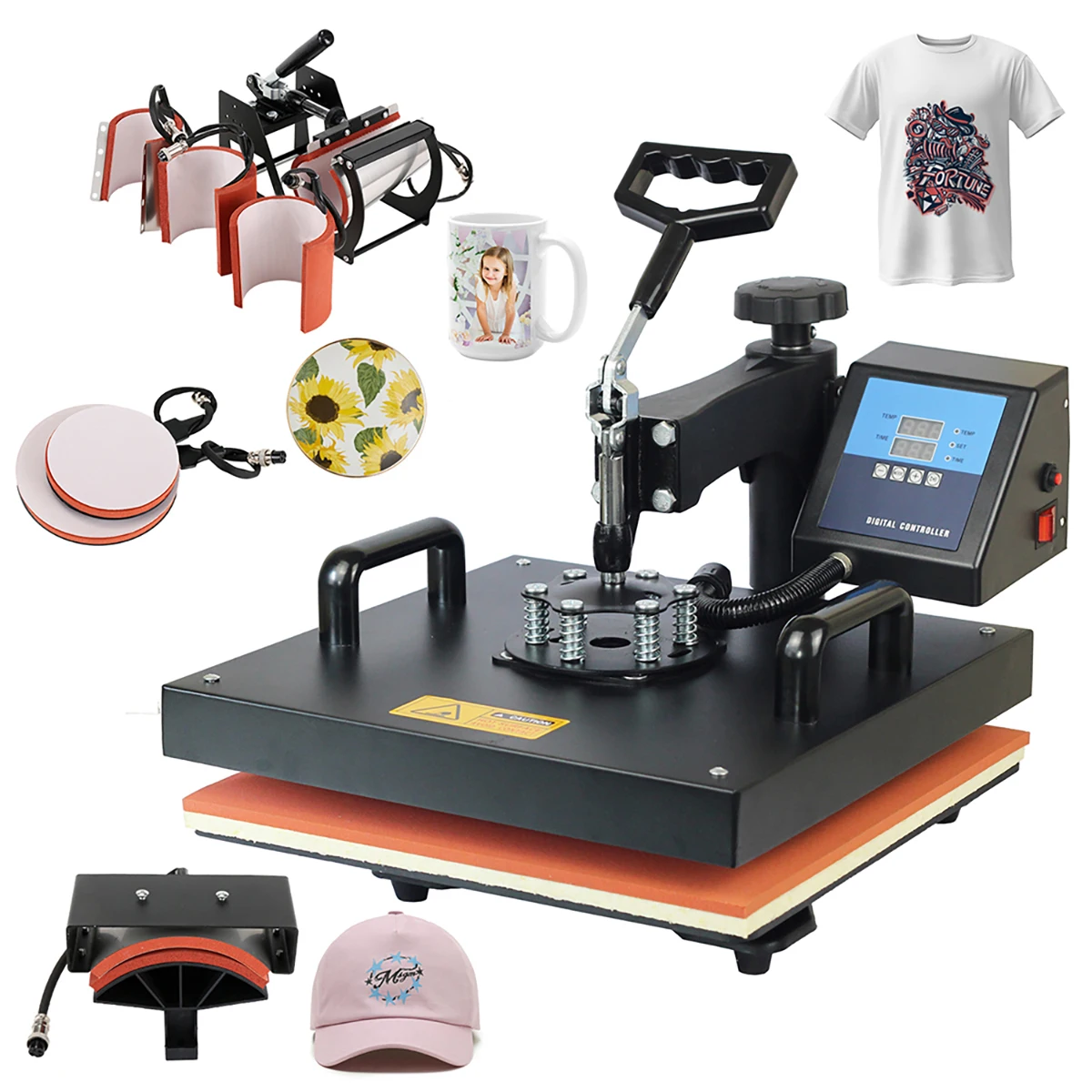8 in 1 Heat Press Machine 38x38cm, Sublimation Printer for T Shirt Mug Cap Plate, CE Approved
