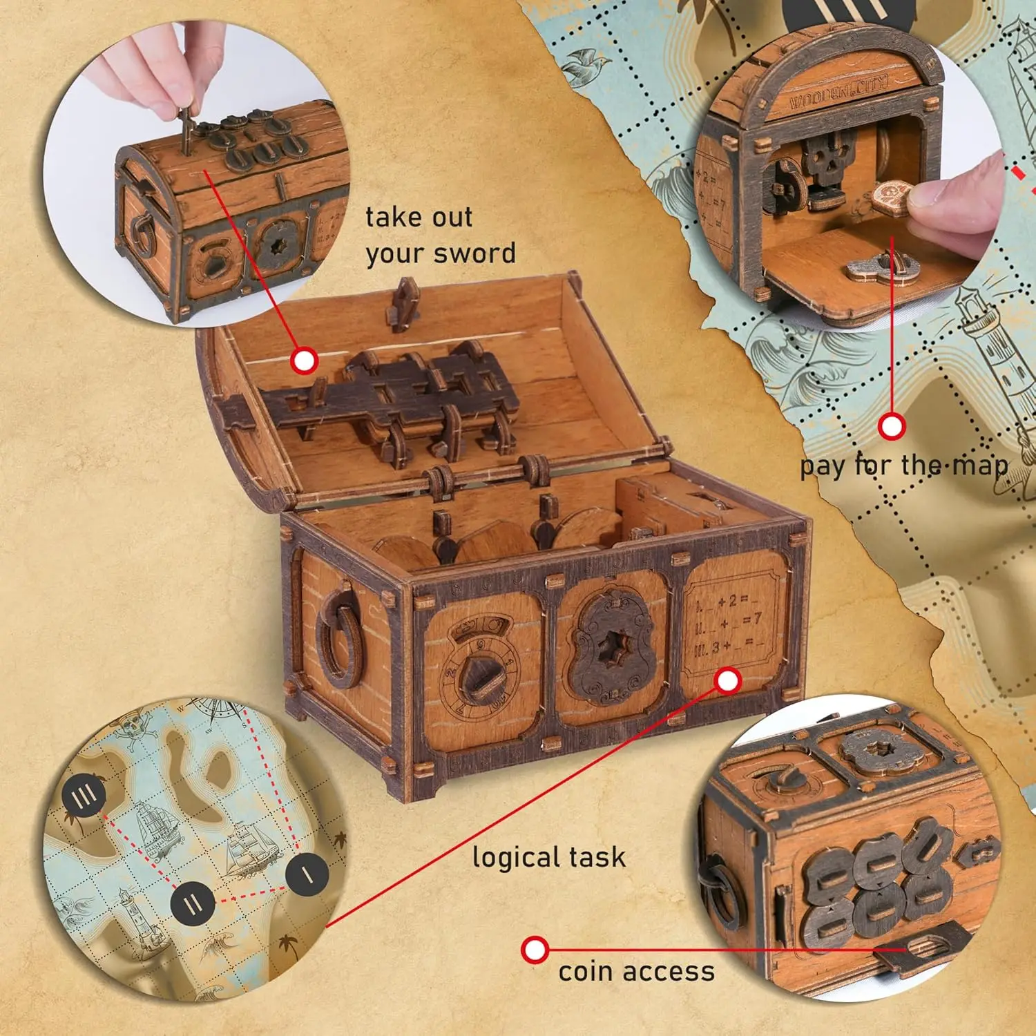 Schatztruhe Escape Room in a Box – Harte Puzzleschachtel für Erwachsene, Holzbausatz – Clue Box Escape Puzzle – 3D-Escape Room-Puzzles –