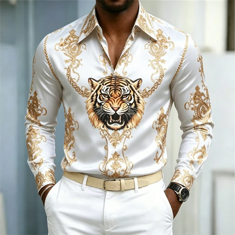 2026 New Tiger Head Printed Men's Long Sleeve Shirt Blue Bottom Gold Contrast European Pattern Business Casual Shirt XS-6XL