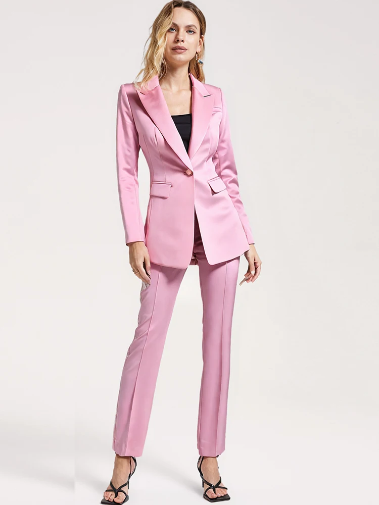 Blazer Pants Suits Pink Two Piece Set Office Business Women Single Buttons Pencil Pants Blazer + Pantsuits Formal Event Outfits