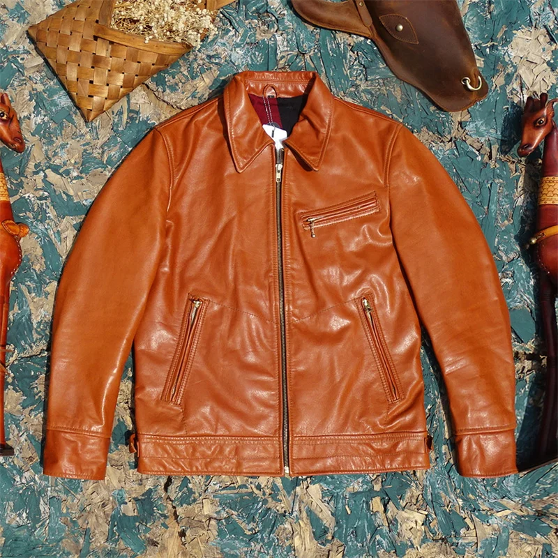 

Мужская кожаная куртка Slim Fit из натуральной вощеной телячьей кожи в стиле Mulholland, деловая повседневная модная городская короткая куртка на молнии для молодежи