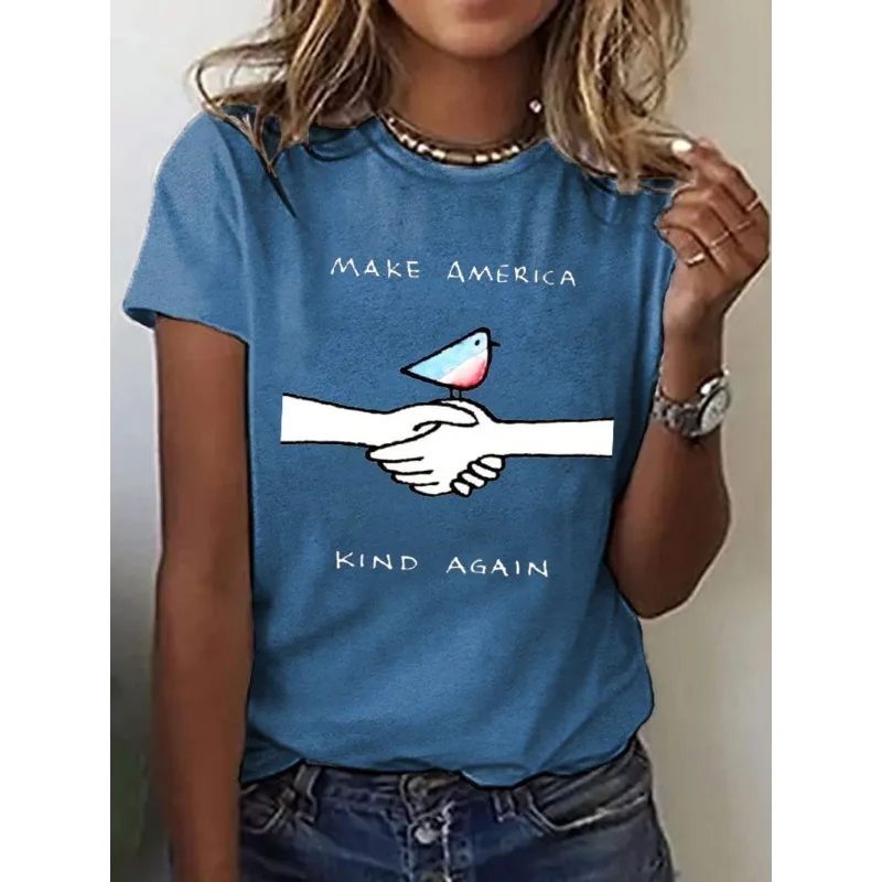 ilstile Women's Letter Print T-Shirts Summer Short Sleeve Casual Loose T Shirt Round Neck Tops Tees White Black Blue Hot Sale