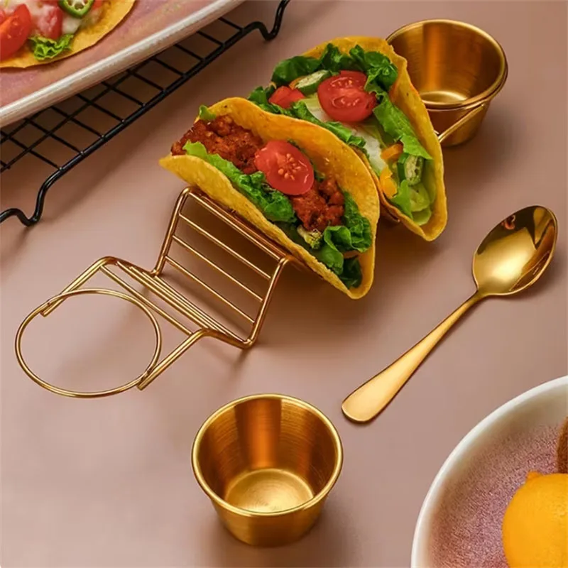 Juego de 4 soportes para tacos de acero inoxidable con plato para salsa y cuchara, bandeja para hornear tacos, para panqueques, rollitos primavera y burritos