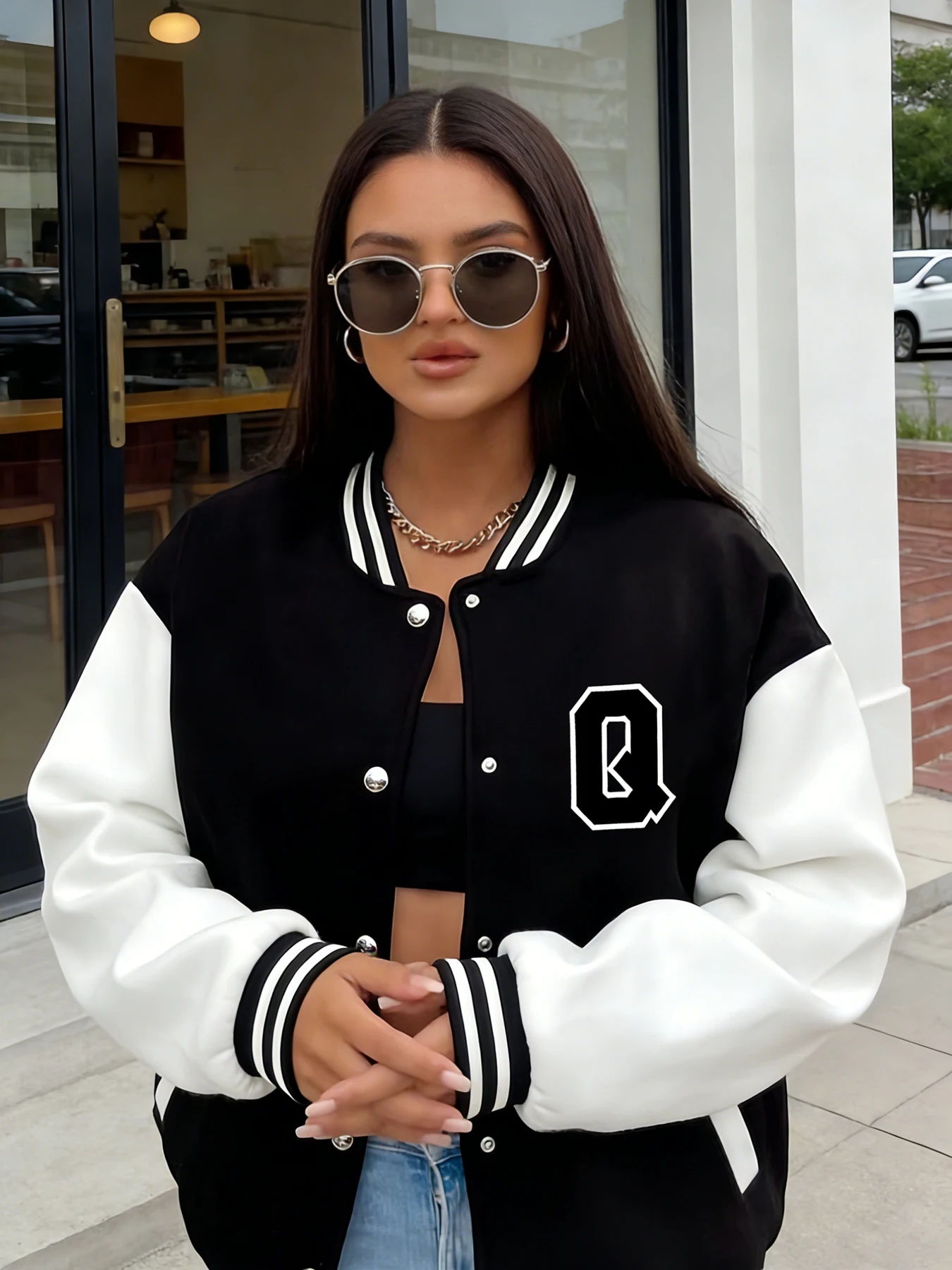 Women Oversized Varsity Jacket Letter Q Print Long Sleeve Button Front Bomber Jacket Casual Streetwear Outerwear Spring Autumn