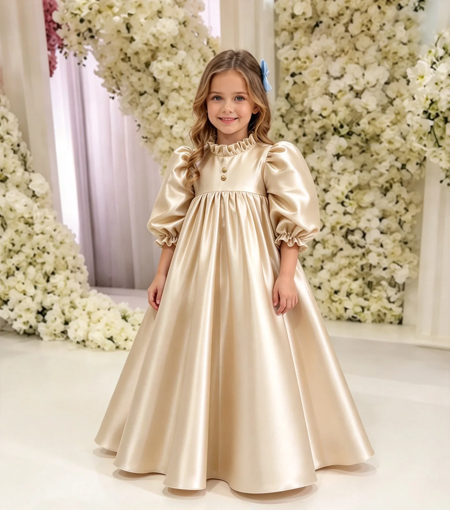 Elegante vestido de satén con cuello redondo y mangas largas abullonadas para niñas, ideal para ceremonias religiosas, cumpleaños o como vestido de dama de honor. Se puede personalizar.