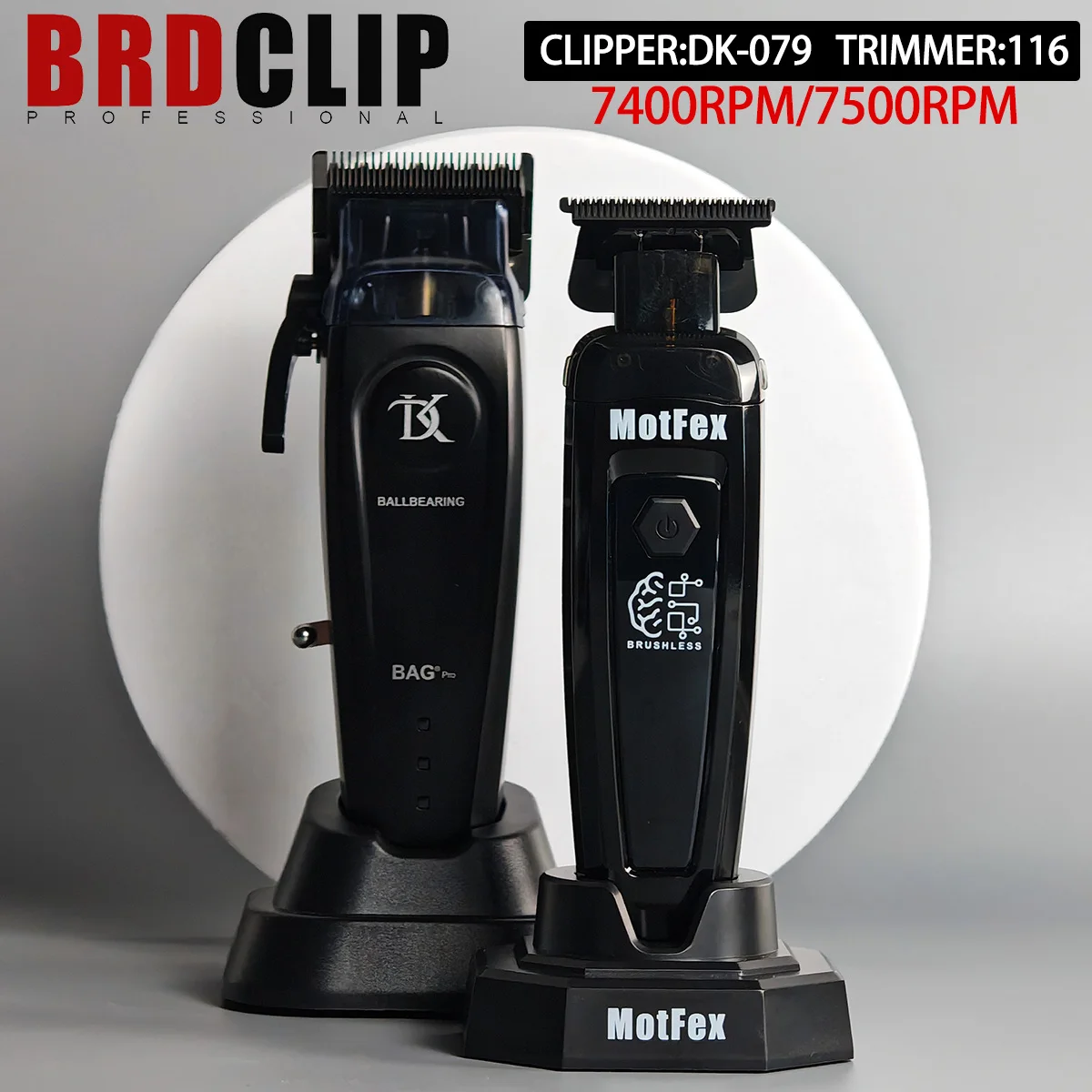 

Профессиональная BRDCLIP DK-079 BRD-116 Бесщеточный двигатель, 7400 об/мин, цельнометаллическая электрическая машинка для стрижки, 7500 об/мин, лезвие DLC FADE с зарядной базой