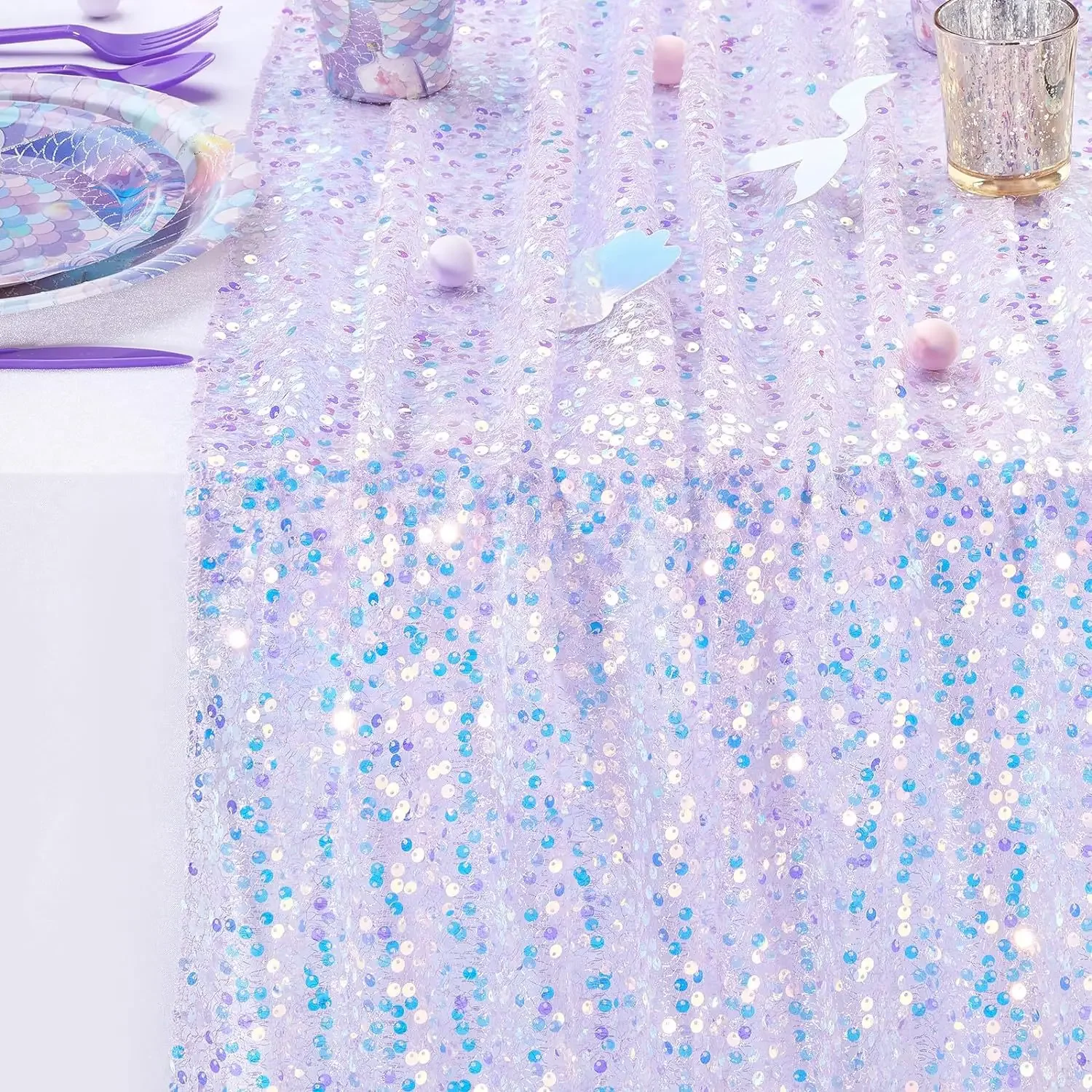 1pc Purple Mermaid Party Table Runner Glitter Holographic Mermaid Tail Scale Runner da tavola con paillettes per la decorazione della festa di