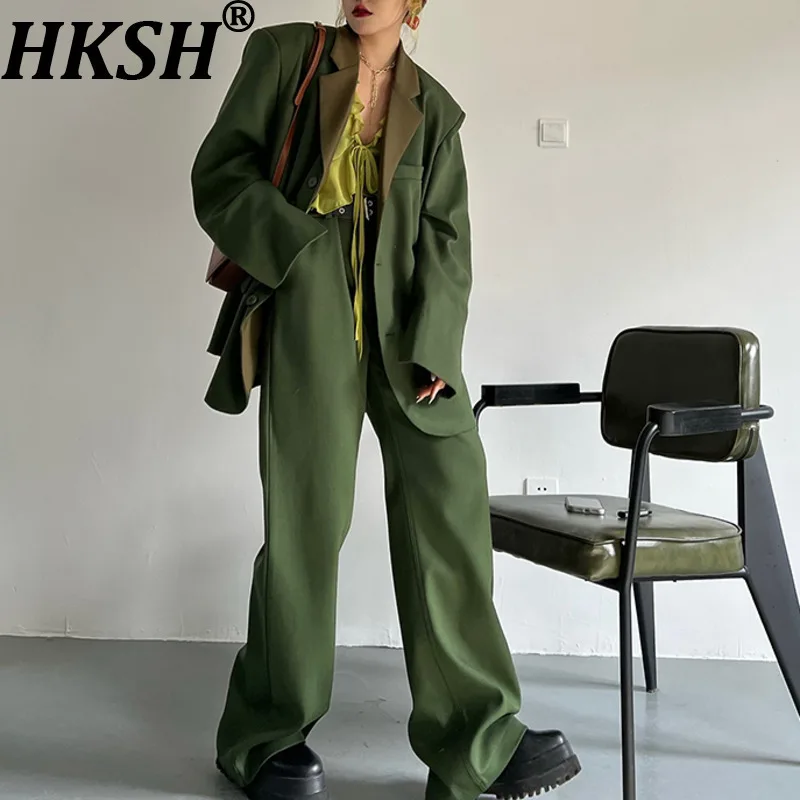 

HKSH Spring Autumn New Women Suit Set Color Block Single Breasted Blazer Solid Color Straight Pants Elegant Trendy Retro HK17056