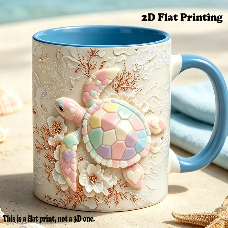 Rainbow Sea Turtle 2D Embossed Ceramic Mug Ocean Beach Coast Coffee Cup Gift for Women Marine Lovers Shell Starfish Decor
