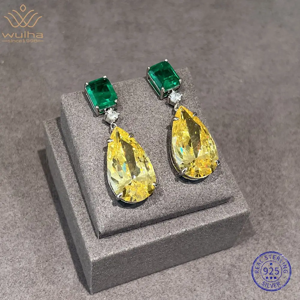 

WUIHA Real 925 Sterling Silver 12CT Fancy Paraiba Tourmaline Yellow Sapphire Gemstone Drop Earrings for Women Gift Drop Shipping