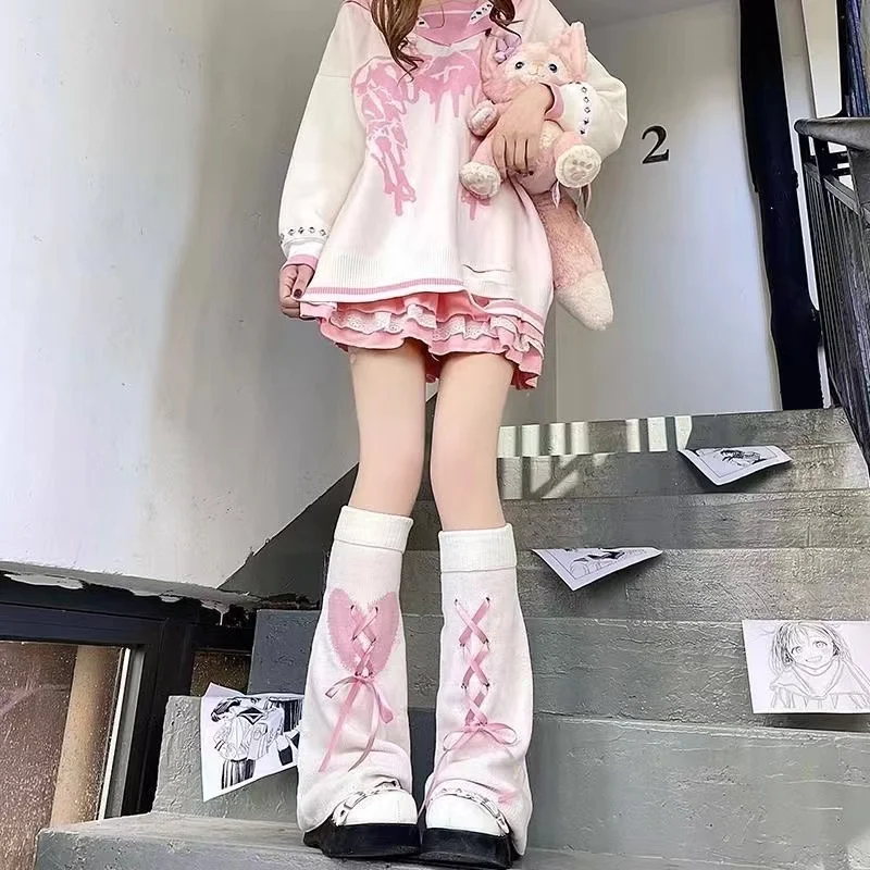 1 pair of cute ladies\' bow Lolita heart binding double-sided knitted calf socks y2k Japanese JK black and white pink leg covers