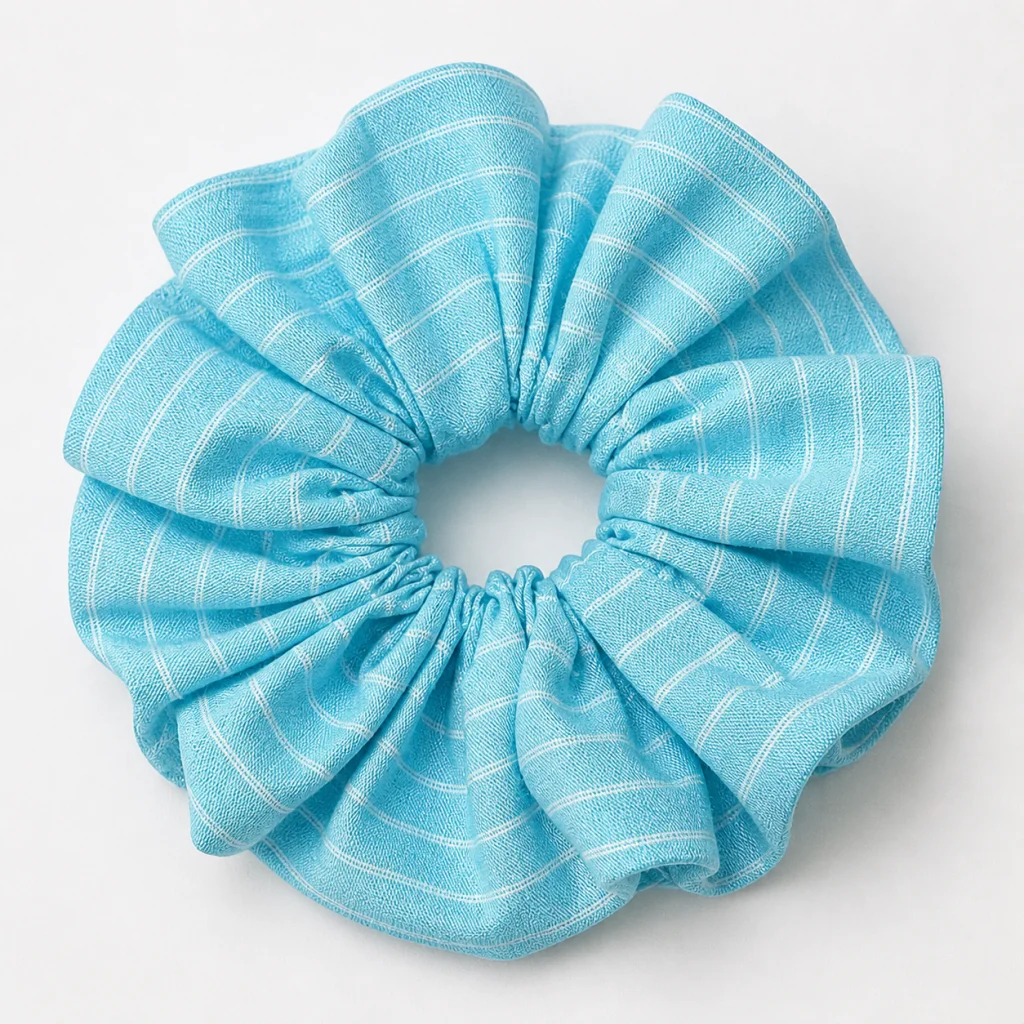 Aqua Blue Pinstripe Single-Layer Scrunchie Handmade Oversized Hair Tie 4