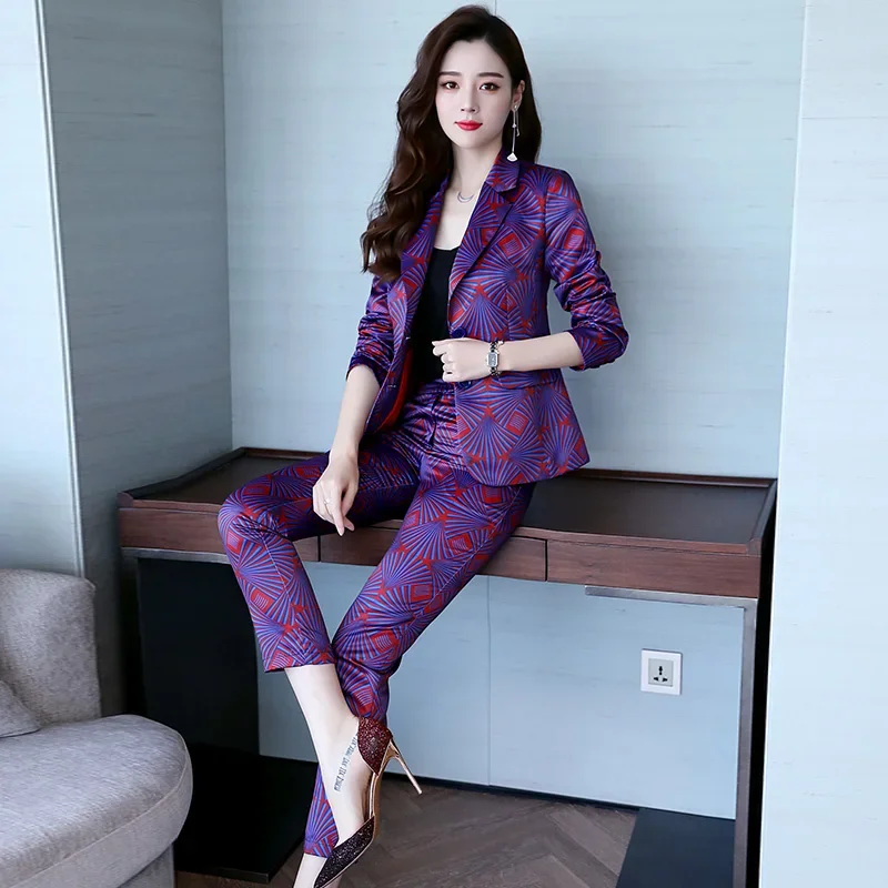 Famous Yuan Hong Kong style new women\'s wear professional suit printed small suit trousers show thin two-piece fashion