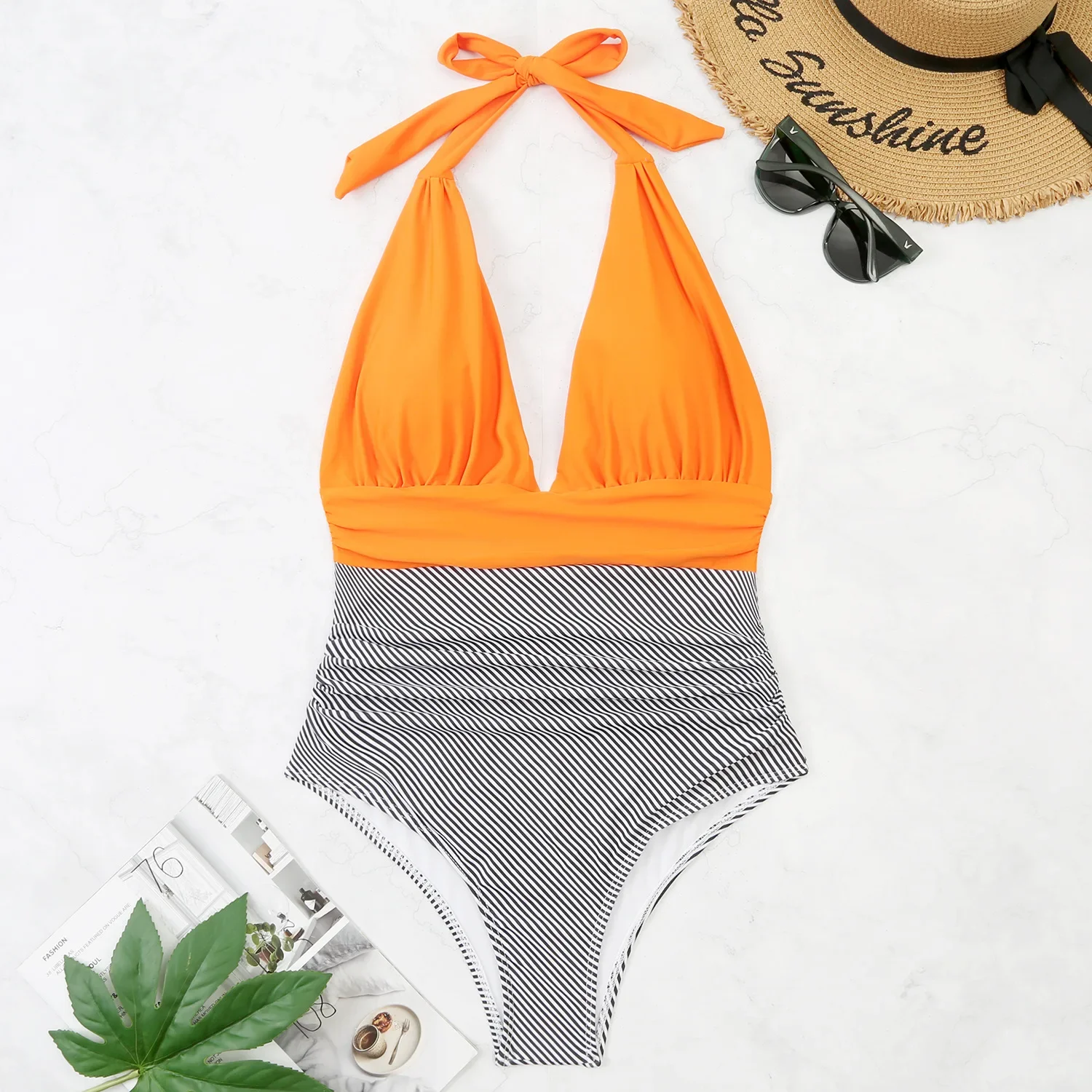 ฤดูร้อนลึก V คอ Halter Waterside ผู้หญิง Beachwear ชุดว่ายน้ําสตรี 2025 One Piece เซ็กซี่เสือดาวบิกินี่ Ropa