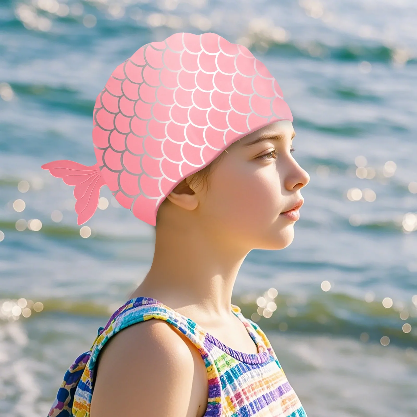 Kids Swim Caps with Fish Tail Baby Waterproof Bathing Caps Children Cartoon Swimming Hat for Long Short Hair Kids Boys Girls