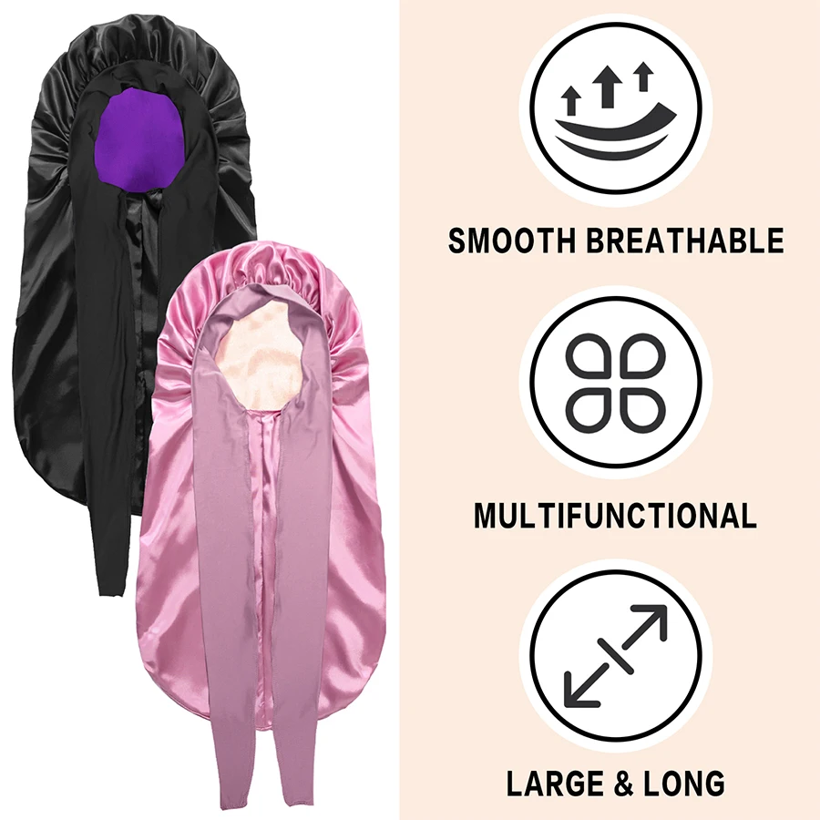Women Silk Nightcap Suitable for All Hair Styles Large Long Satin Soft Hat for Protect Hair Stretchy Tie Band Sleep Cap Headband