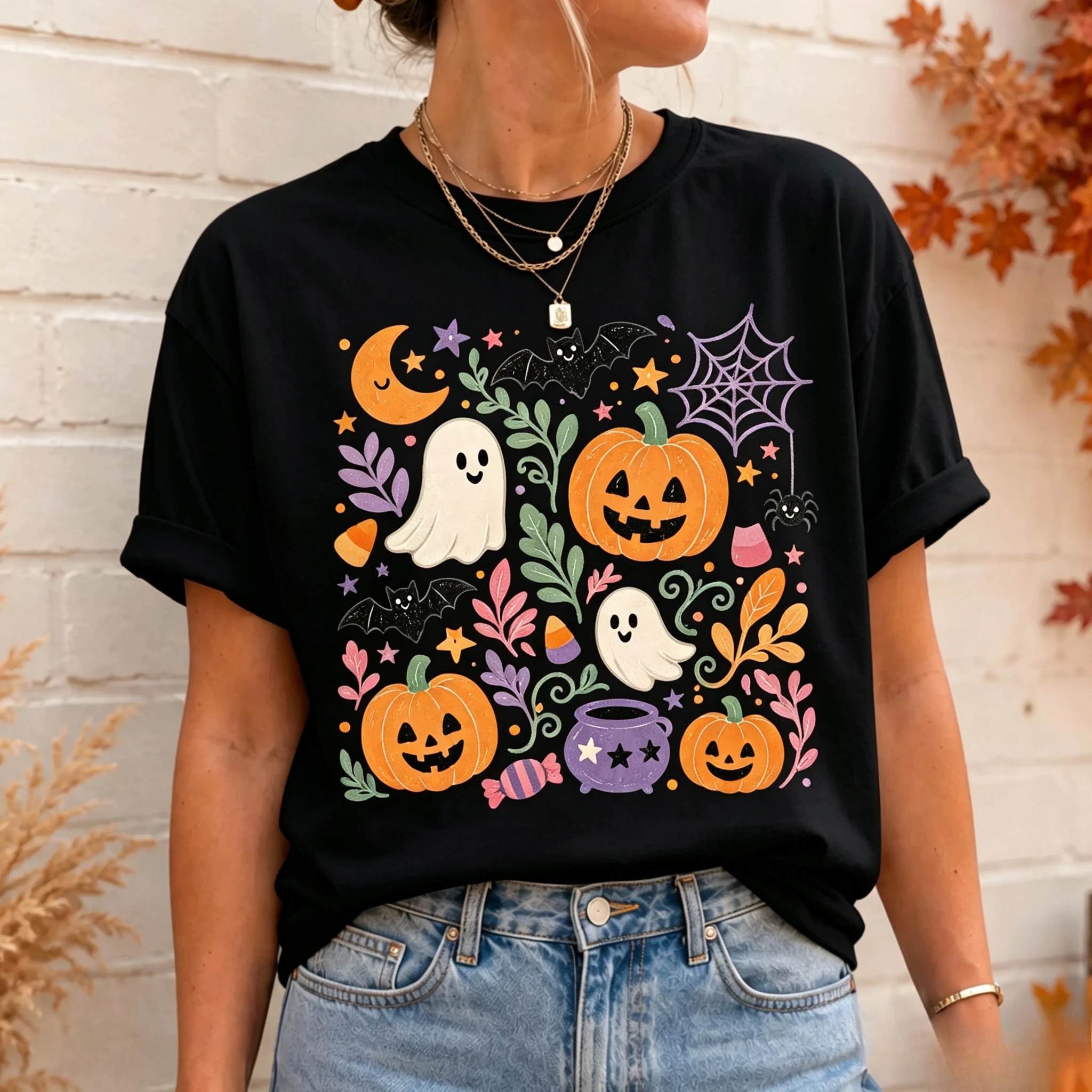Preppy Fall Pumpkin‑Theme Spooky Doodle Graphic Tee, Trendy Casual Halloween‑Inspired Holiday Gift Streetwear Fashion Daily Top