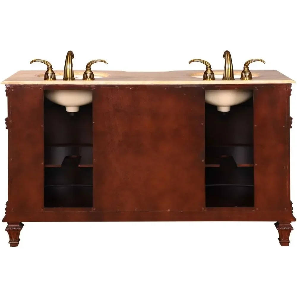 Travertine Stone Top Double Sink Bathroom Vanity with Cabinet, 60