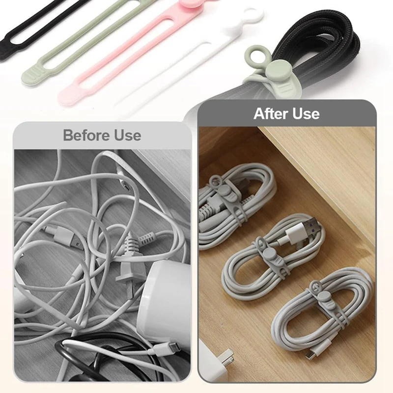 Data Cable Organizer, Upgrade Silicone Cable Ties Reusable Cable Management Organizer, Elastic Cord Organizer