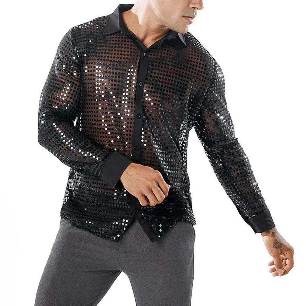 Männer Pailletten hemd für Männer täglich männliche Oberteile schwarz fallen Polyester Mesh Pailletten golden Frühling Nachtclub Silber