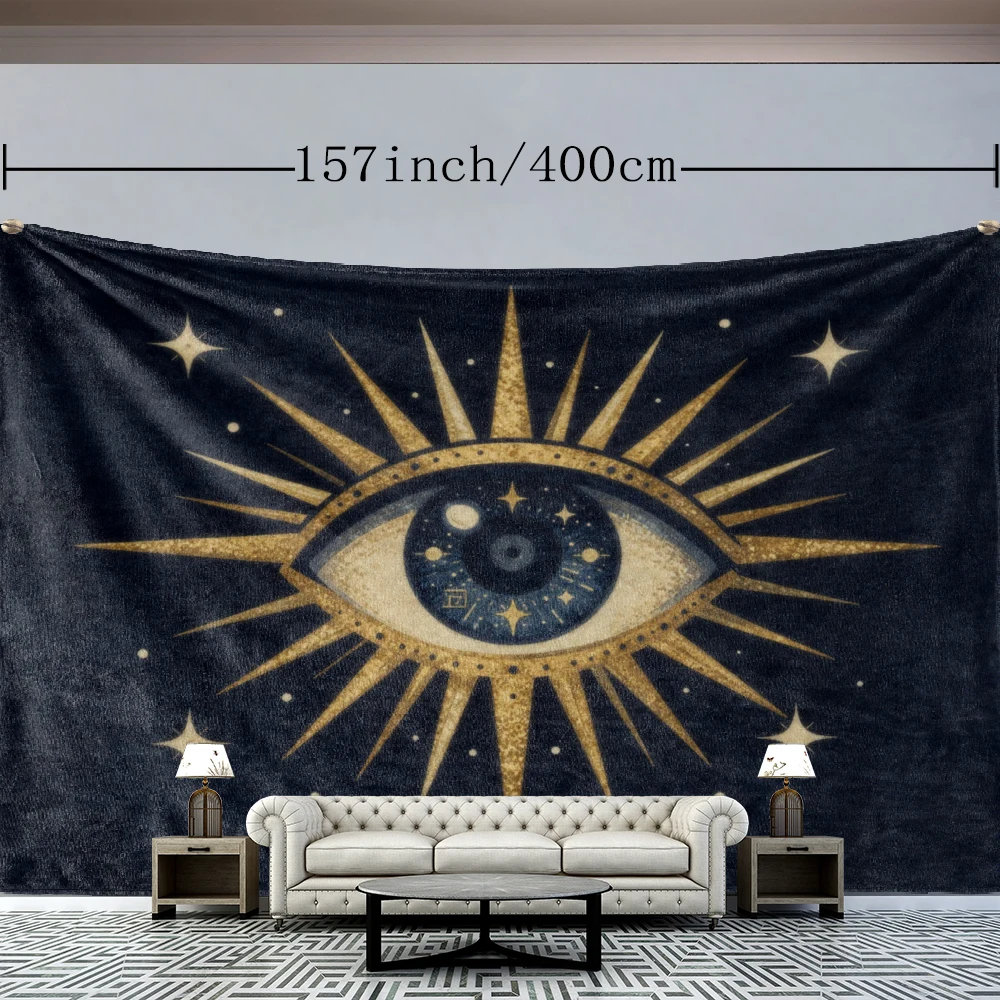 Navy Blue Golden Evil Eye Star Rays Wall Tapestry, Symmetrical Boho Decor
