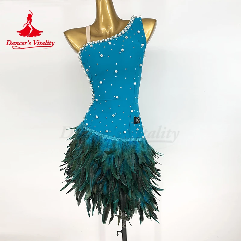 Luxury Pearls Feather Dress Women/Girls Latin Dance Performance Clothing Adult Kids Ballroom Dance Competition Costume